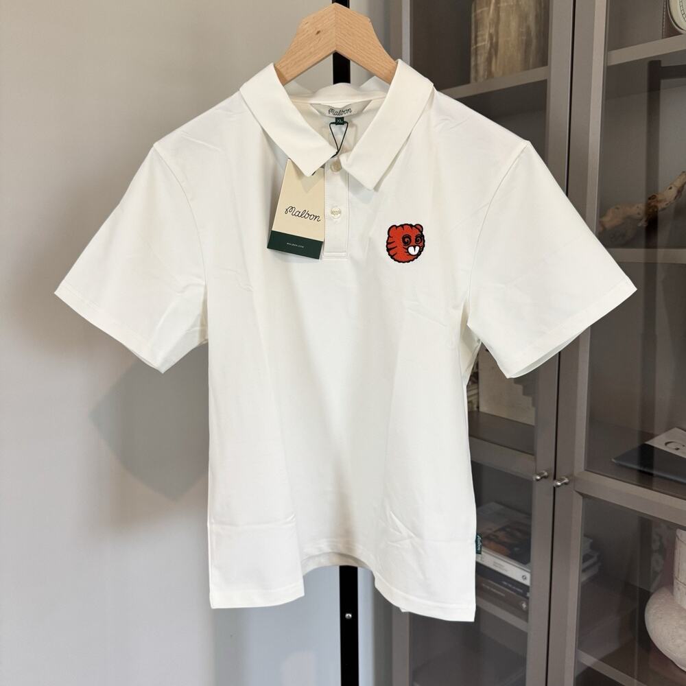 Malbon Youth Cub Buckets White Short Sleeve Tiger Logo Golf Polo Shirt Large NEW